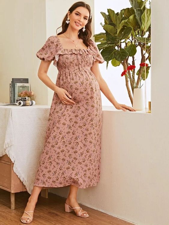 Cheap Maternity Maxi Dress with Floral Puff Sleeves